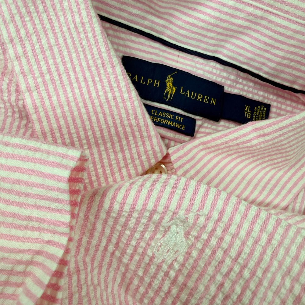 Ralph Lauren Seersucker Shirt Mens XL Classic Fit Performance Pink White Striped
